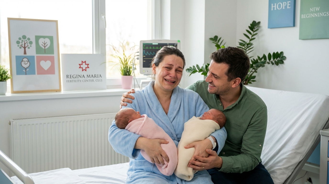 corina a devenit mamă de gemene după o singură procedură fiv cu un singur embrion, o poveste impresionantă de succes la centrul de fertilitate regina maria din cluj.