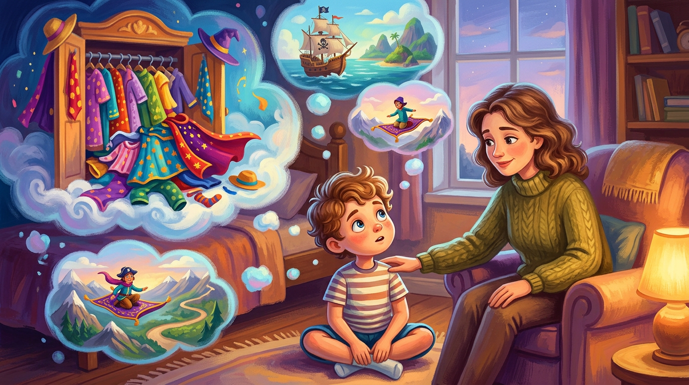 amintiri din copilărie despre visurile mele de haine noi și aventuri îndepărtate, contrastând cu liniștea mamei care îmi spunea că suntem deja bogați.