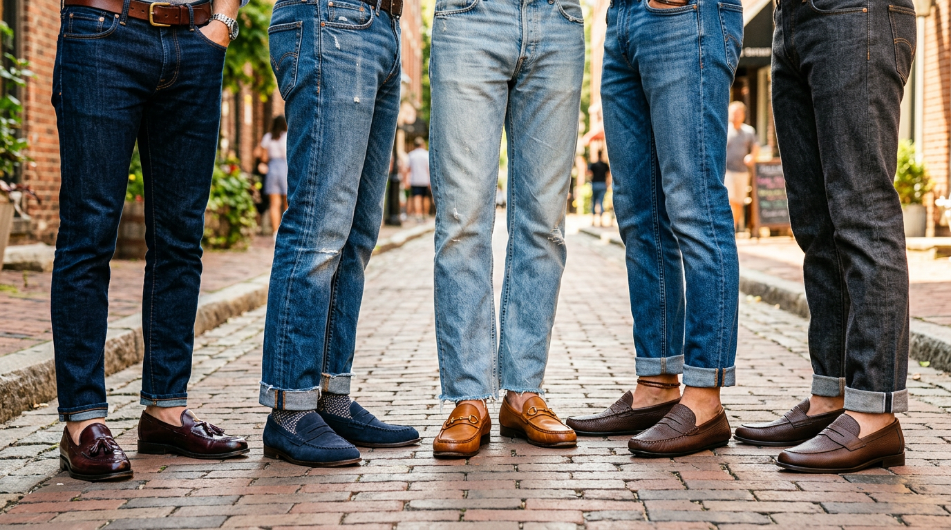 descoperă ghidul complet pentru a asorta mocasinii bărbătești cu blugii tăi. află 12 trucuri esențiale de stil pentru un look casual și elegant.